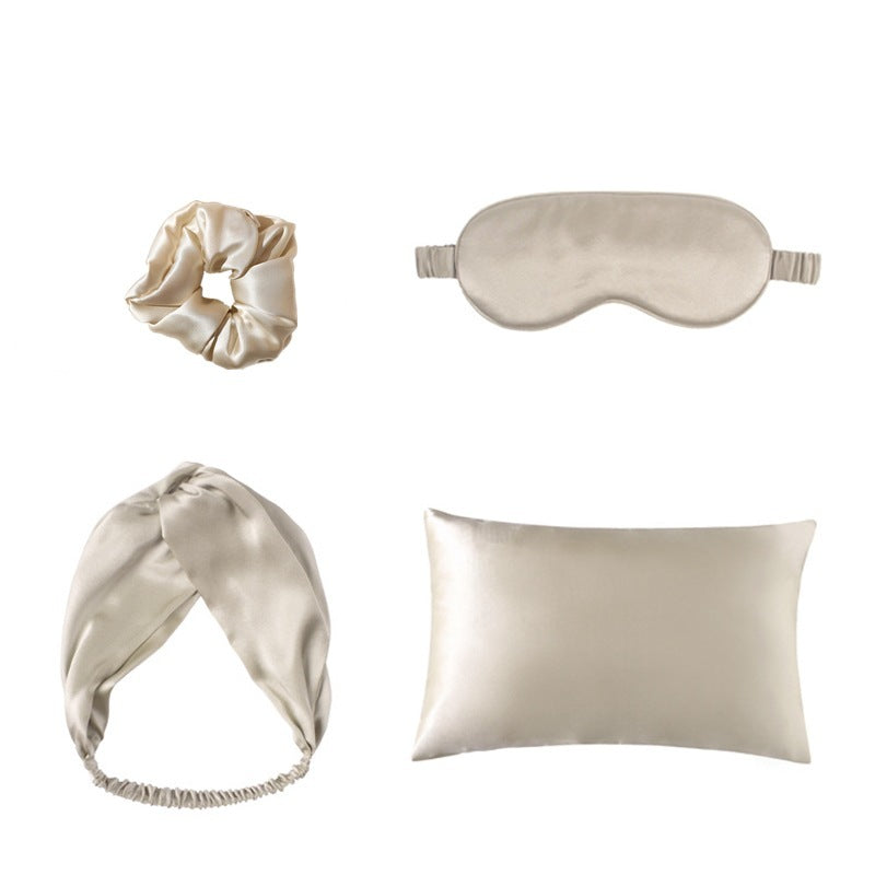 Four Piece Satin Sleep Set with Eye Mask, Pillowcase, Hair Band and Hair Tie