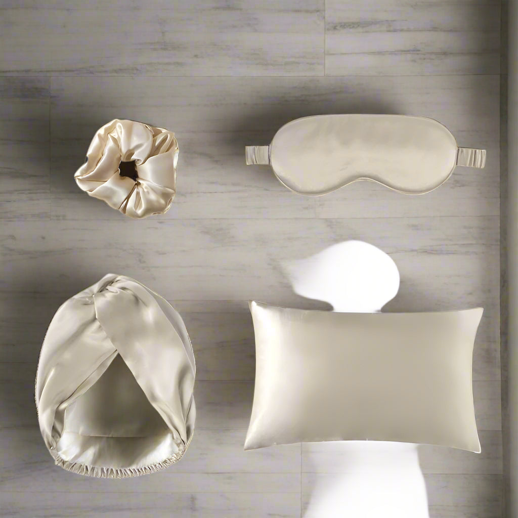 Four Piece Satin Sleep Set with Eye Mask, Pillowcase, Hair Band and Hair Tie